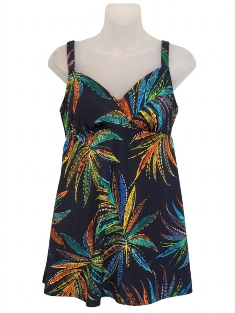 Swim Solutions Tropical Palm Print Skirted One Piece Swimsuit Dress Size 10
